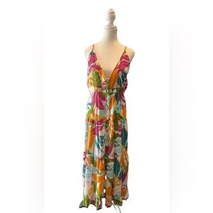 True Destinations Floral Maxi Dress Sleeveless Colourful L Button Front Ruffle